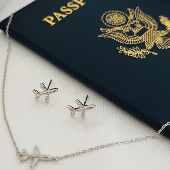 925 Sterling Silver Airplane Stud Earrings and Bracelet set - Picture 2 of 4